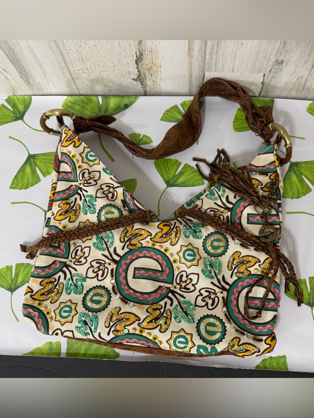 Red Boho Crossbody Bag in Cream, Teal & Mustard with Brown Strap